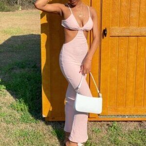 BODYCON CUT OUT SPLIT HEM MAXI DRESS BABY PINK
